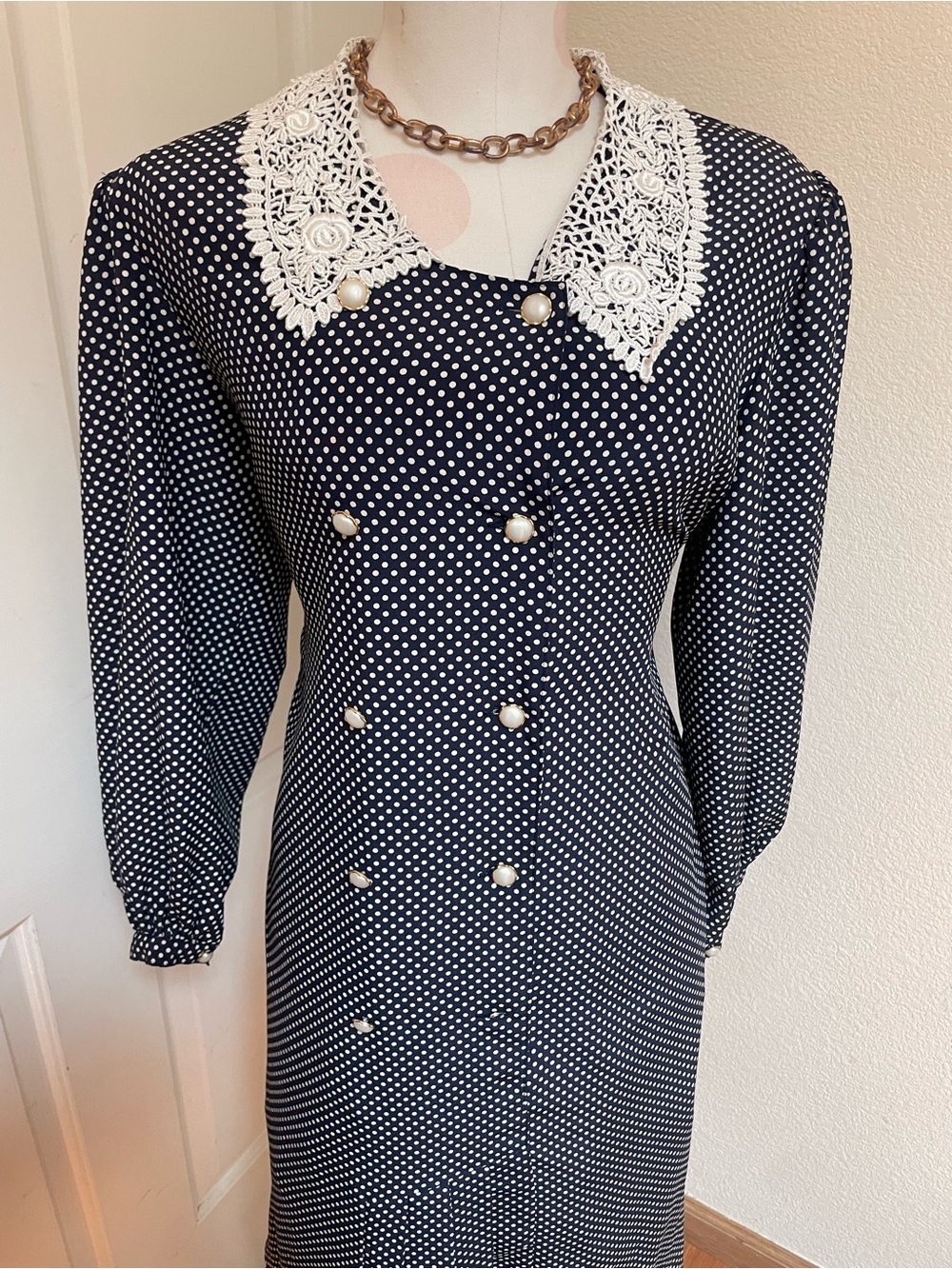 Charles River Apparel Navy and White Polka Dot Long Sleeve Dress